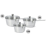 Set of 3 stainless steel saucepans with glass lids