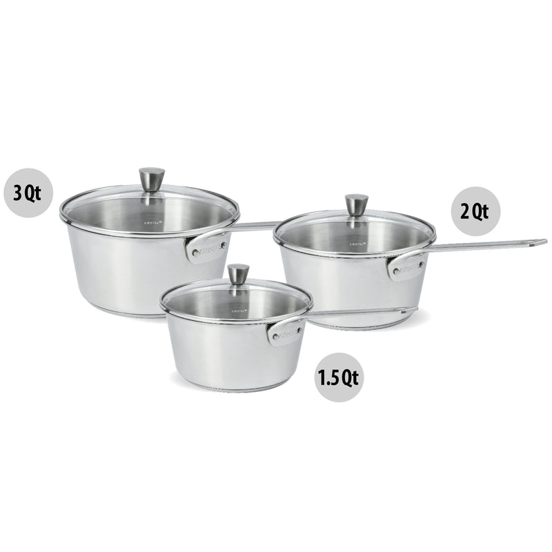 Set of 3 stainless steel saucepans with glass lids